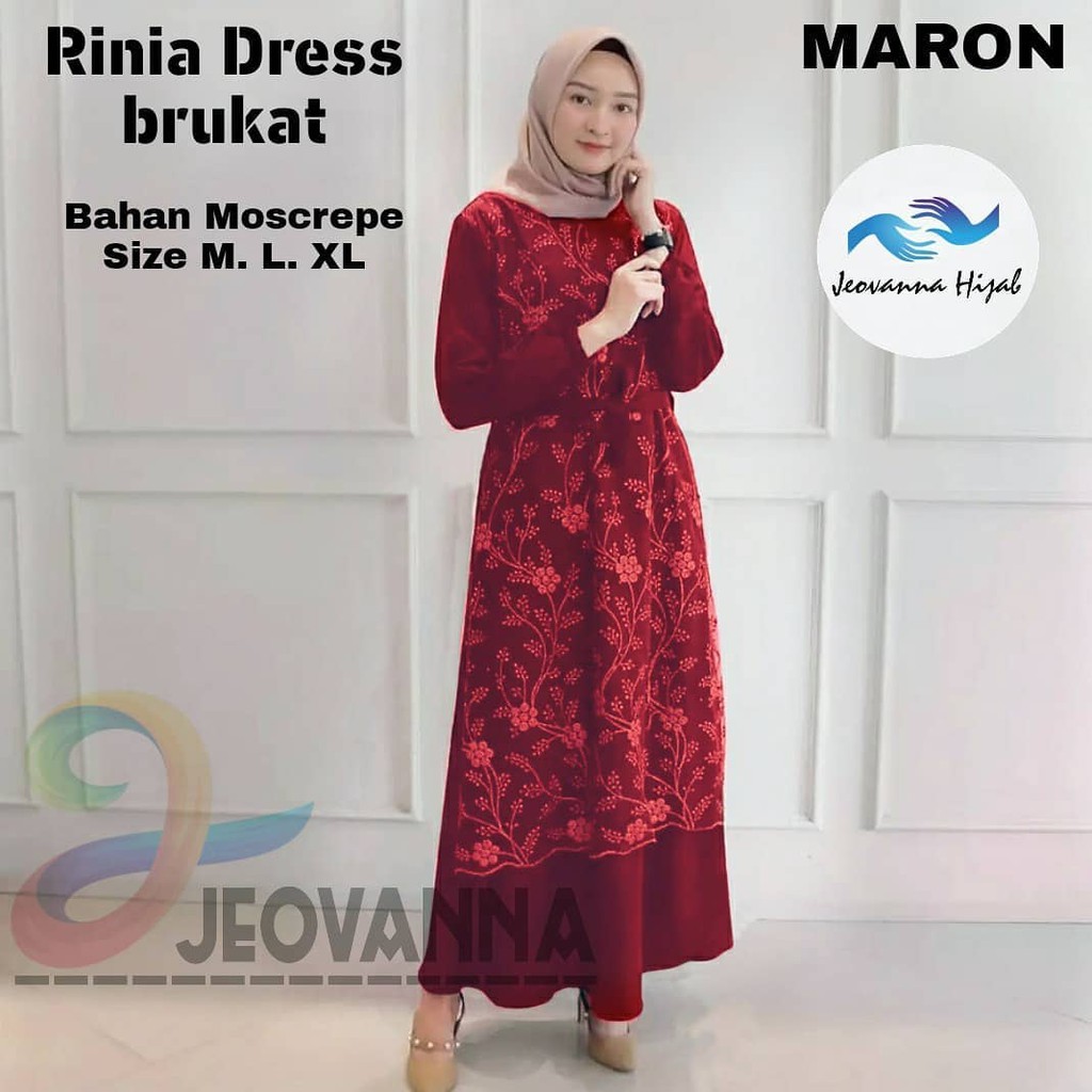 RINIA Pakaian Wanita Baju Gamis Terbaru Ukuran Jumbo Bahan Moscrepe-MARON
