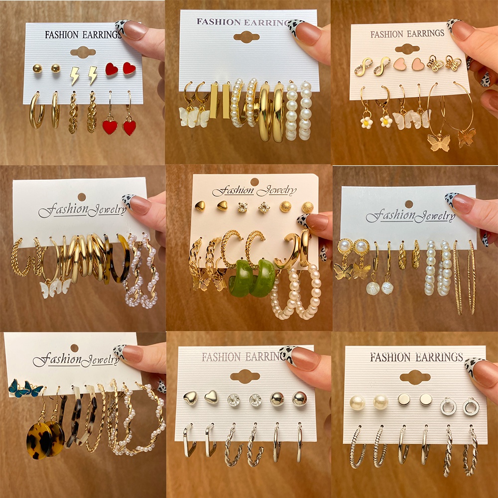 IFYOU 6 Pasang / Set Anting Tusuk Desain Kupu-Kupu Hias Mutiara Warna Gold / Silver Untuk Wanita