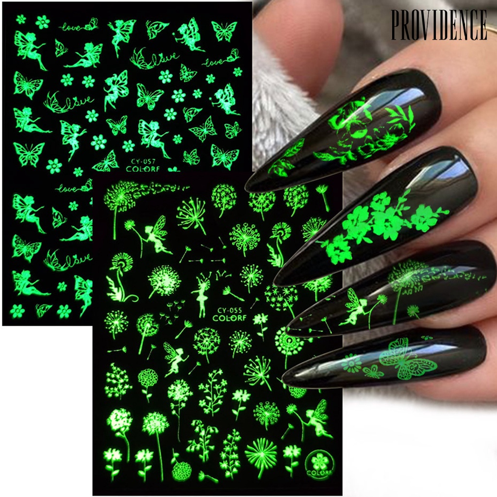 Providence 9pcs / Set Stiker Kuku Motif Kupu-Kupu / Bunga 3d Glow In The Dark Untuk Nail Art Butterfly