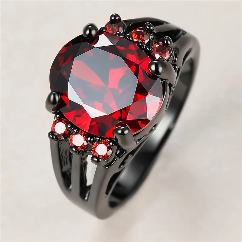 Cincin Batu Ruby Merah Garnet Wanita Pria Ring Gold Filled 14 KT Black Gun Platted