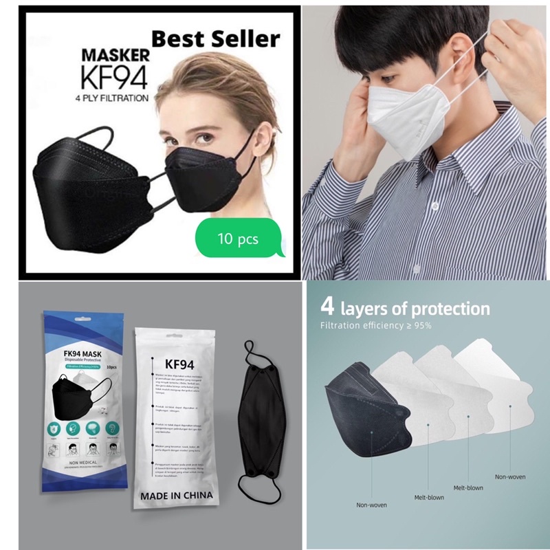 MASKER KF94 HITAM PUTIH 4PLY 3D korea mask ISI 10 PCS SUPER TEBAL