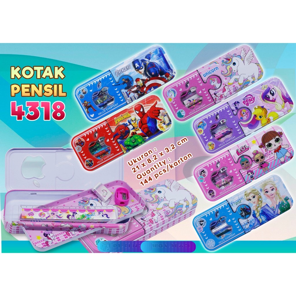 Pencil Case Kaleng Fancy 4318 - Tempat Pensil - Pencil Box - Kotak Pensil Bonus Penghapus, Pensil