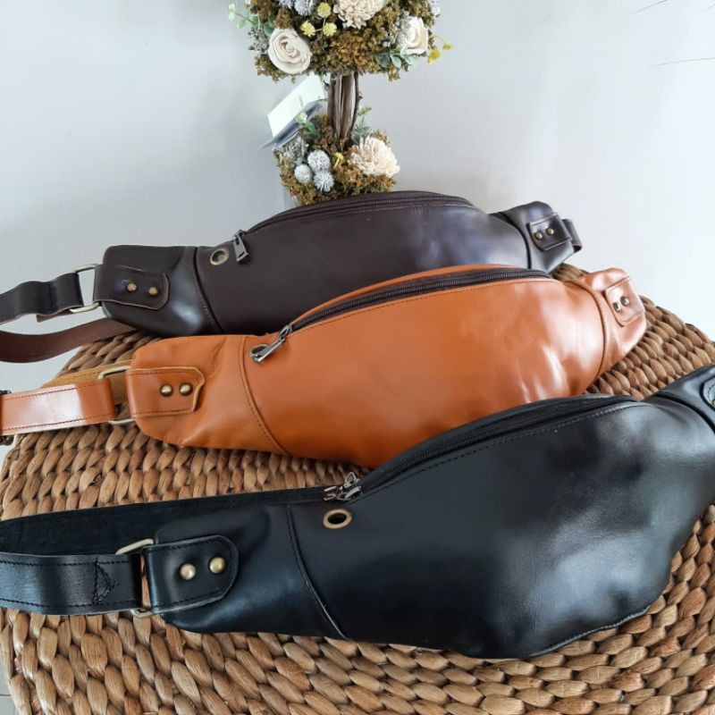 Tas Pinggang Pria / Wanita Bahan Kulit Asli Sapi Ringan Casual Made IN Garut