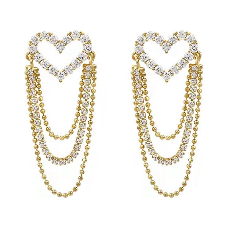 Anting Rumbai Rantai Multilayer Bentuk Hati Aksen Berlian Imitasi Gaya Korea