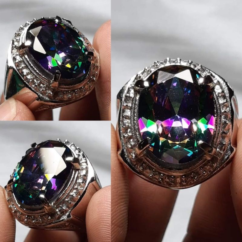 Cincin Batu Permata Natural Mystic Quartz Rainbow Pelangi / Kalimaya India