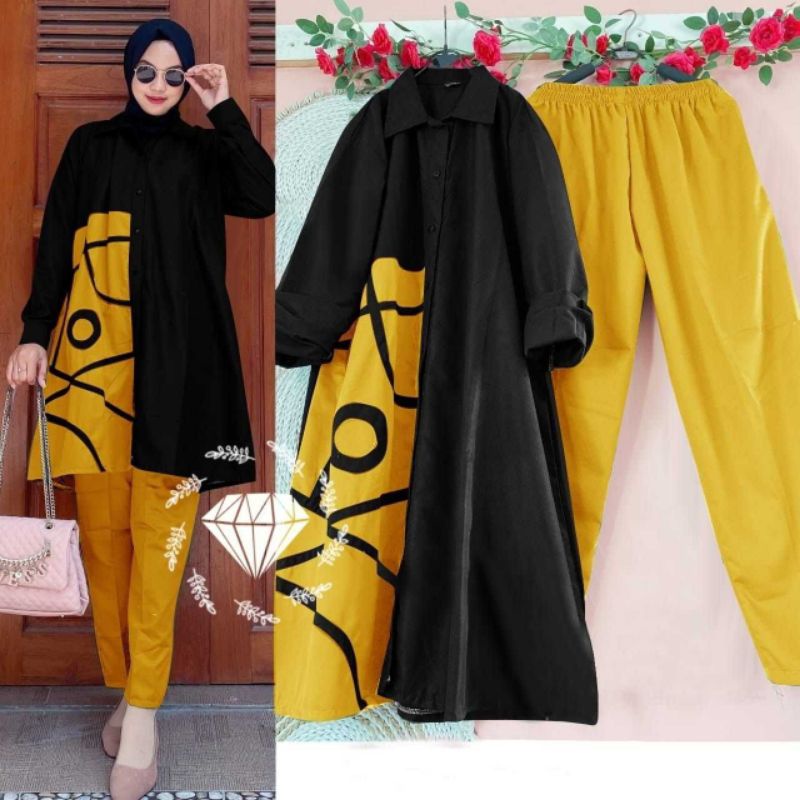 Set Tunik + Celana Moscrepe full fit to XL, Tunik kemeja Ld114 Pj100 buka kancing full, pergelangan 
