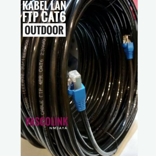 Kabel Lan Outdoor 30 Meter FTP CAT6 Siap Pakai sudah dicrimping rj45 besi dan plugbooth Vascolink Warna Hitam