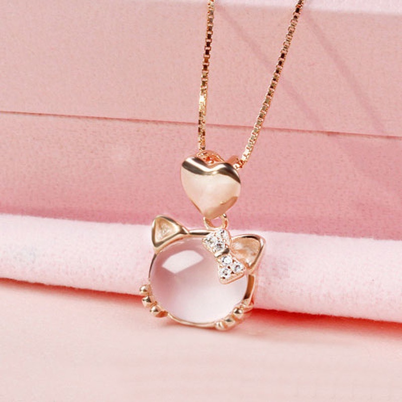 [Ready Stock]Fashion Inlaid Pink Crystal Cat Heart Pendant Necklace