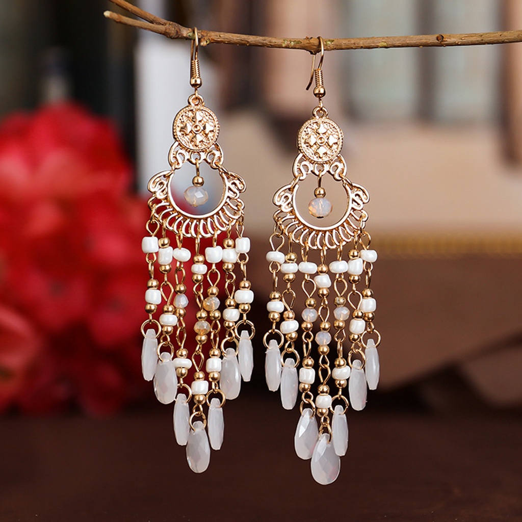 Hu Hu Hu Hu Hu Alat Bantu Pasang Kacamata♡ 1 Pasang Anting Kait Gantung Desain Hollow Hias Manik-Manik + Rumbai Gaya Bohemian Untuk Wanita