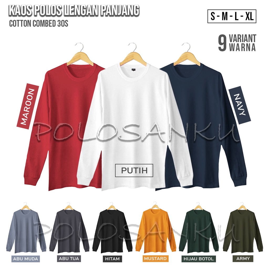 KAOS POLOS WARNA PUTIH LENGAN PANJANG RIB KARET PRIA WANITA PREMIUM COMBED 30S S M L DAN XL