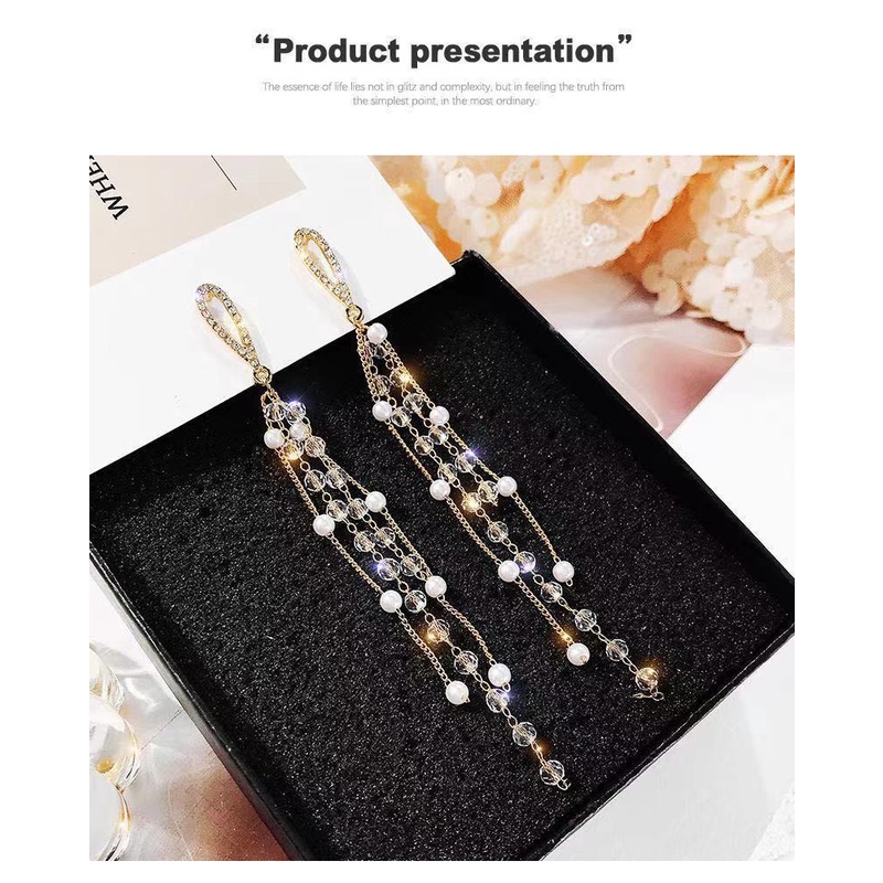 925 jarum perak Korea temperamen air drop Crystal Mutiara rumbai anting-anting panjang pribadi influ