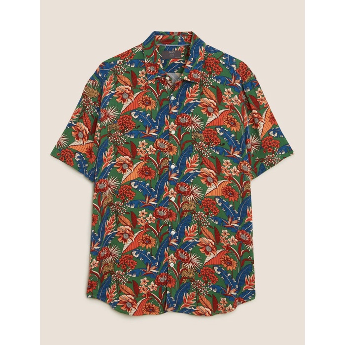 Kemeja pria Marks & Spencer - Kemeja Pria - Hawaiian Shirt - GREEN, M lengan panjang putih terbaru j