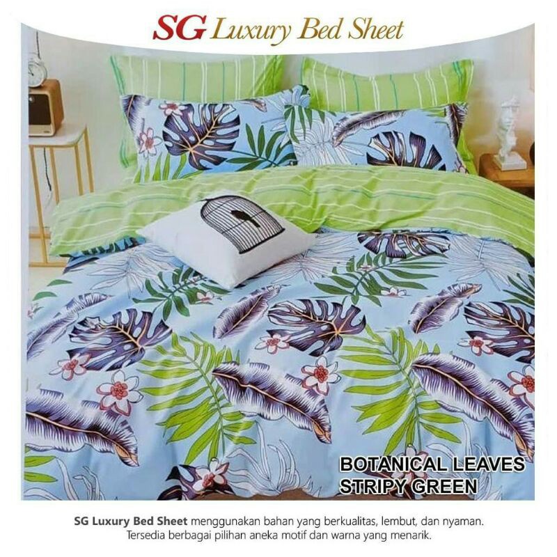 Sprei & Badcover katun lokal SG LUXURY BED SHEET motif BOTANICAL LEAVES STRIPY GREEN