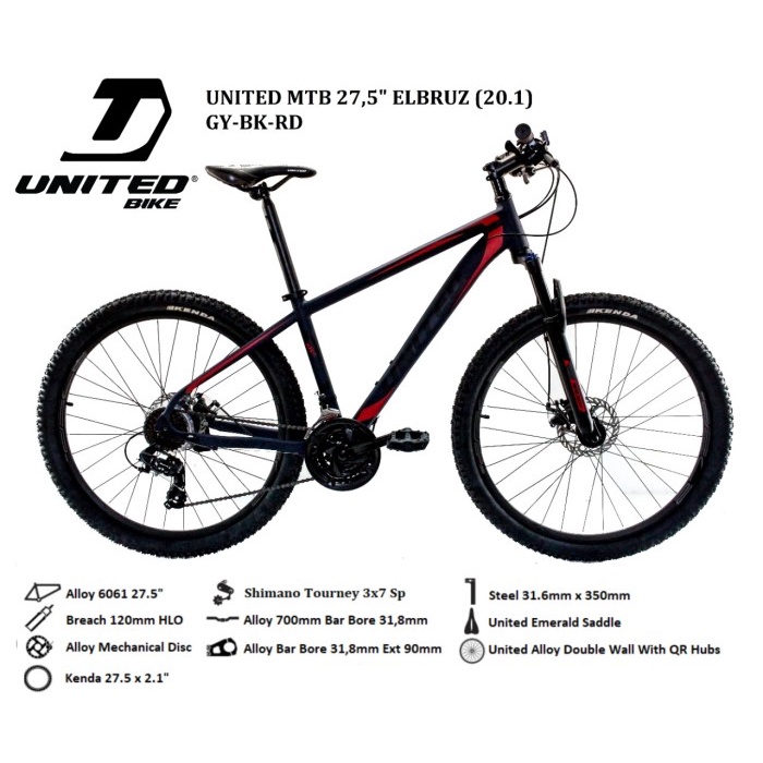 Sepeda Gunung United 27,5 ELBRUZ MTB Alloy/ SHIMANO 21 speed/ rem disc - Hitam