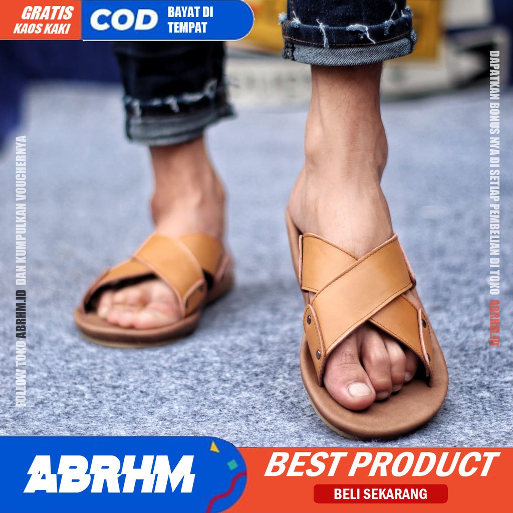 ABRHM x XMIN Sandal Slide Pria Sandal Slop Pria Kulit Asli Sendal Selop Cowok / Cowo Ori Kekinian