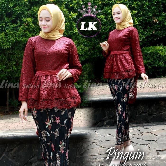 Setelan kebaya brokat aurora coksu/kebaya wisuda/kebay brokat/baju wanita/rok plisket/kebaya pinguin-Set maron