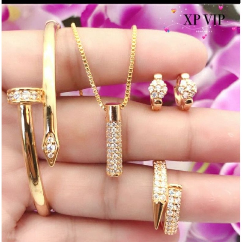 Set perhiasan titanium wanita motif paku lapis emas gold 24k terlaris