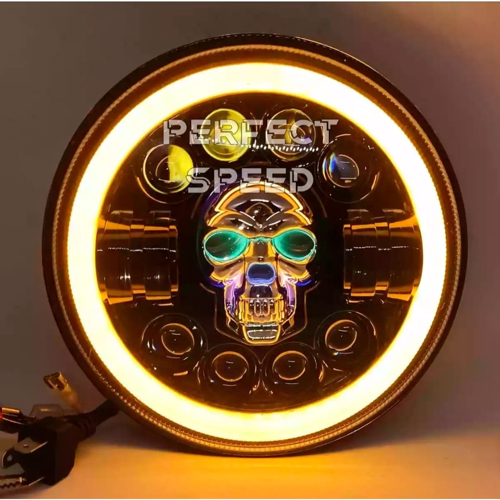 LAMPU TEMBAK/SOROT LED 7'INCH SKULL RGB ANGEL YELLOW+WHITE UNIVERSAL SEMUA JENIS MOTOR/MOBIL