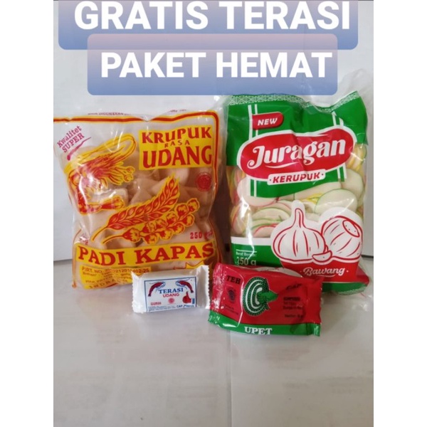 

PAKET HEMAT (BUY 1 GET 1) 500GRAM KERUPUK PADI KAPAS SEDANG+K BAWANG JURAGAN+ BONUS TEH/ TERASI