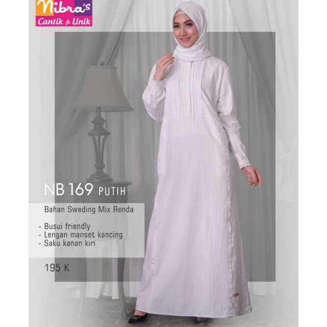 Diskon NB 169 Gamis Nibras Putih Polos  Bahan Sweding Mix Renda Busui friendly Murah berkualitas
