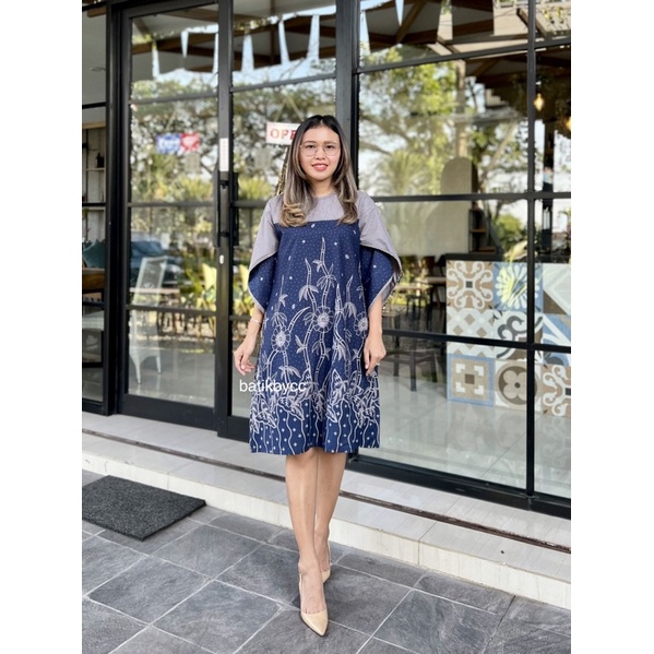 dres batik wanita modern lengan tulip warna biru navy motif bambu runcing