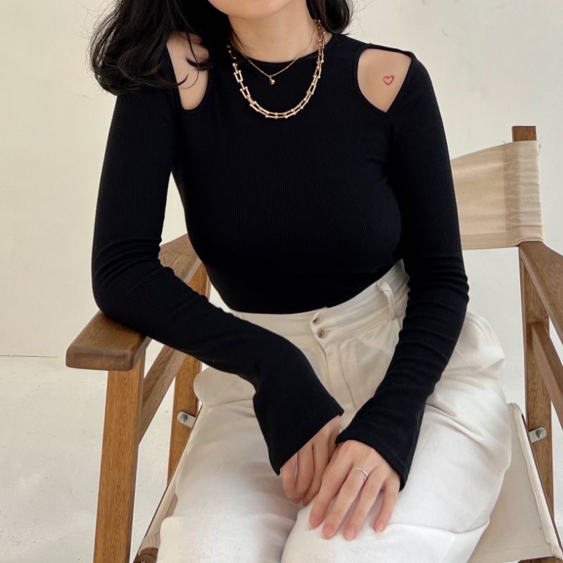 Ribbed Knit Long Sleeve Top / Cut off shoulder top / Crop top / Knit top