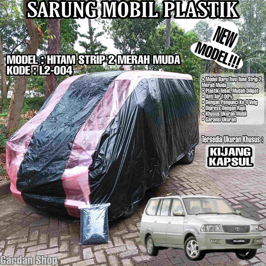 Sarung Mobil Plastik KIJANG KAPSUL Hitam Strip 2 Merah Muda Full Anti Air Full Waterproof