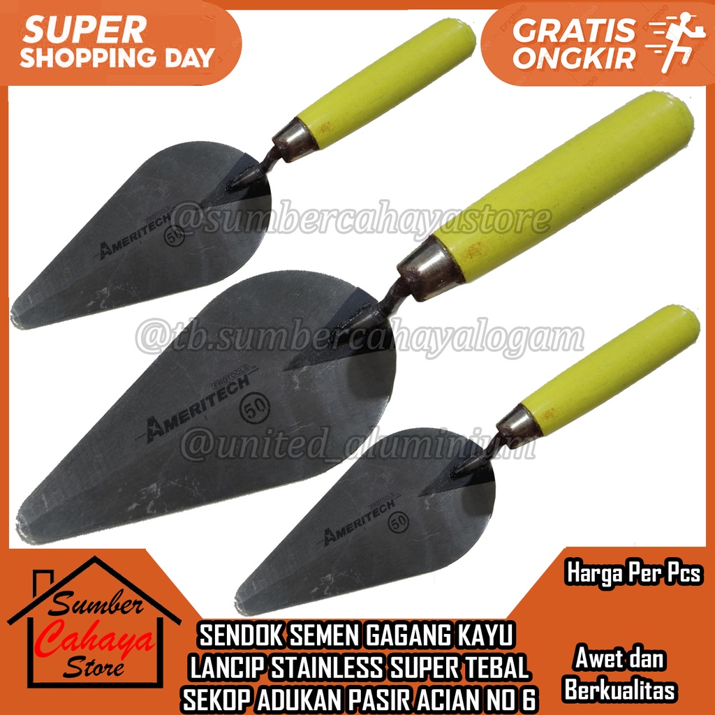 SENDOK SEMEN GAGANG KAYU LANCIP STAINLESS SUPER TEBAL SEKOP ADUKAN PASIR ACIAN NO 6 SKOP SEROKAN ADU