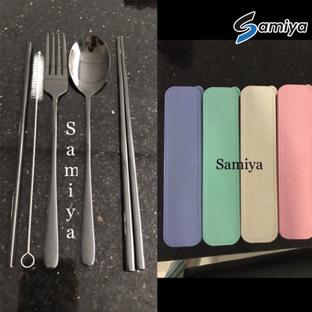 Paket sedotan stainless sendok garpu sumpit set dan sikat / sedotan stainless warna / alat makan set