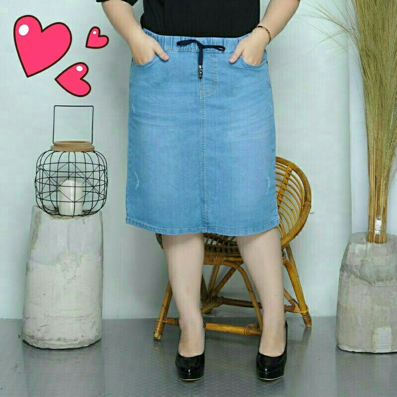 Rok Jeans Span Pendek Wanita Jumbo Premium