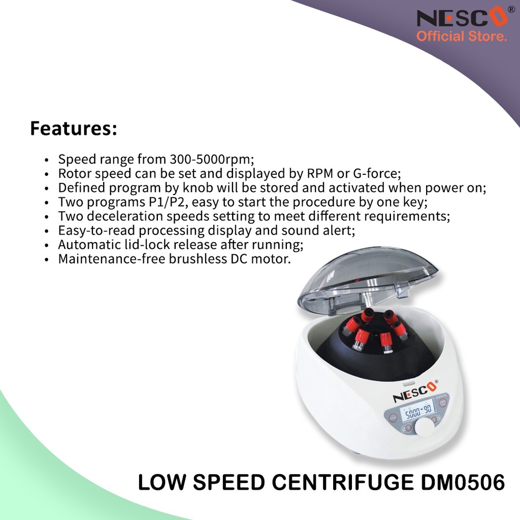 Low speed centrifuge DM0506, Nesco, Speed range from 300-5000rpm, with fixed rotor - 6x15mL/10mL/7mL/1.5-5ml