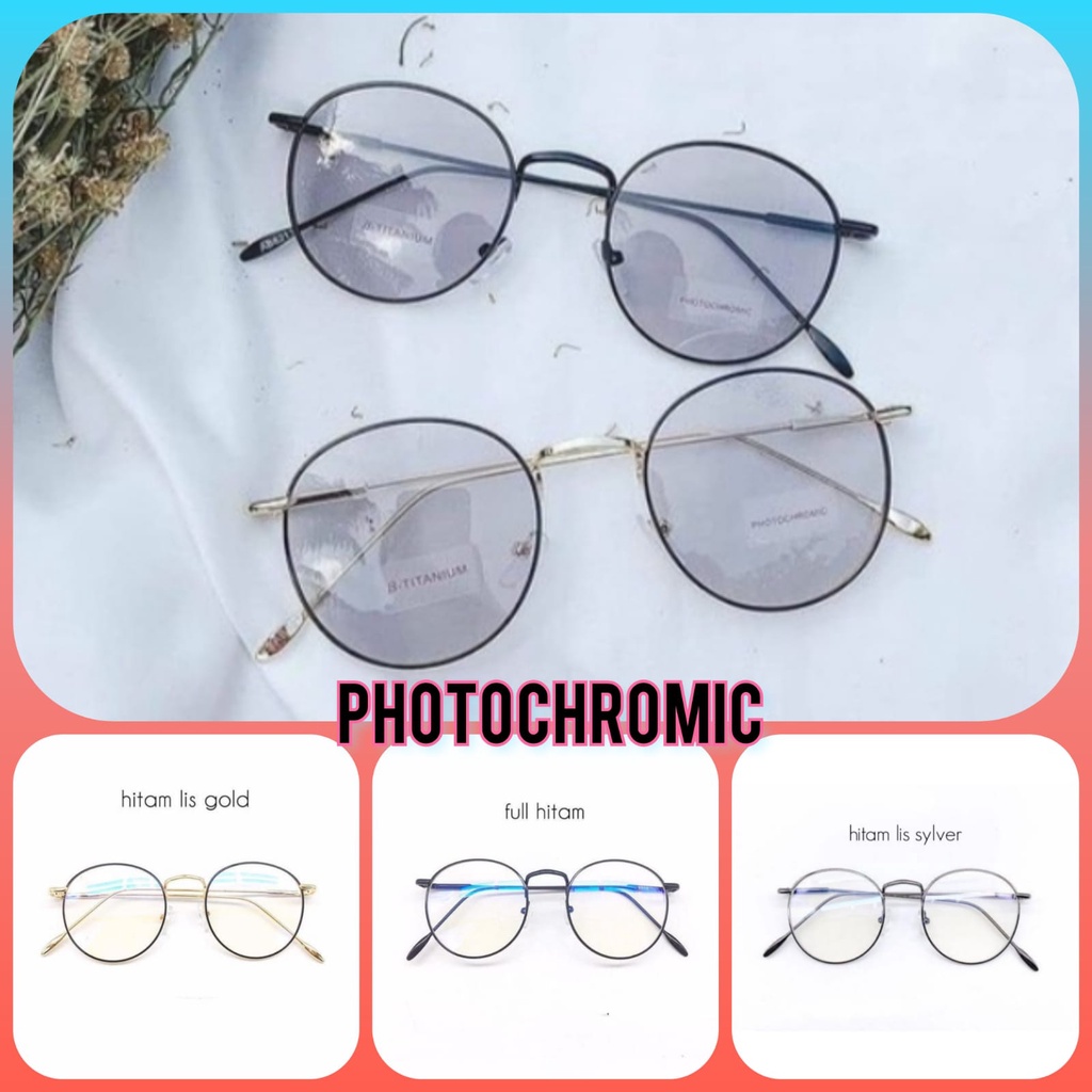 KACAMATA PHOTOCROMIC FRAME OPTIK FASHION VINTAGE OVAL BLUERAY ANTI RADIASI WANITA PRIA