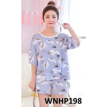 Baju Tidur Wanita Lengan Pendek Celana Pendek Motif Burung - WNHP197 - WNHP198