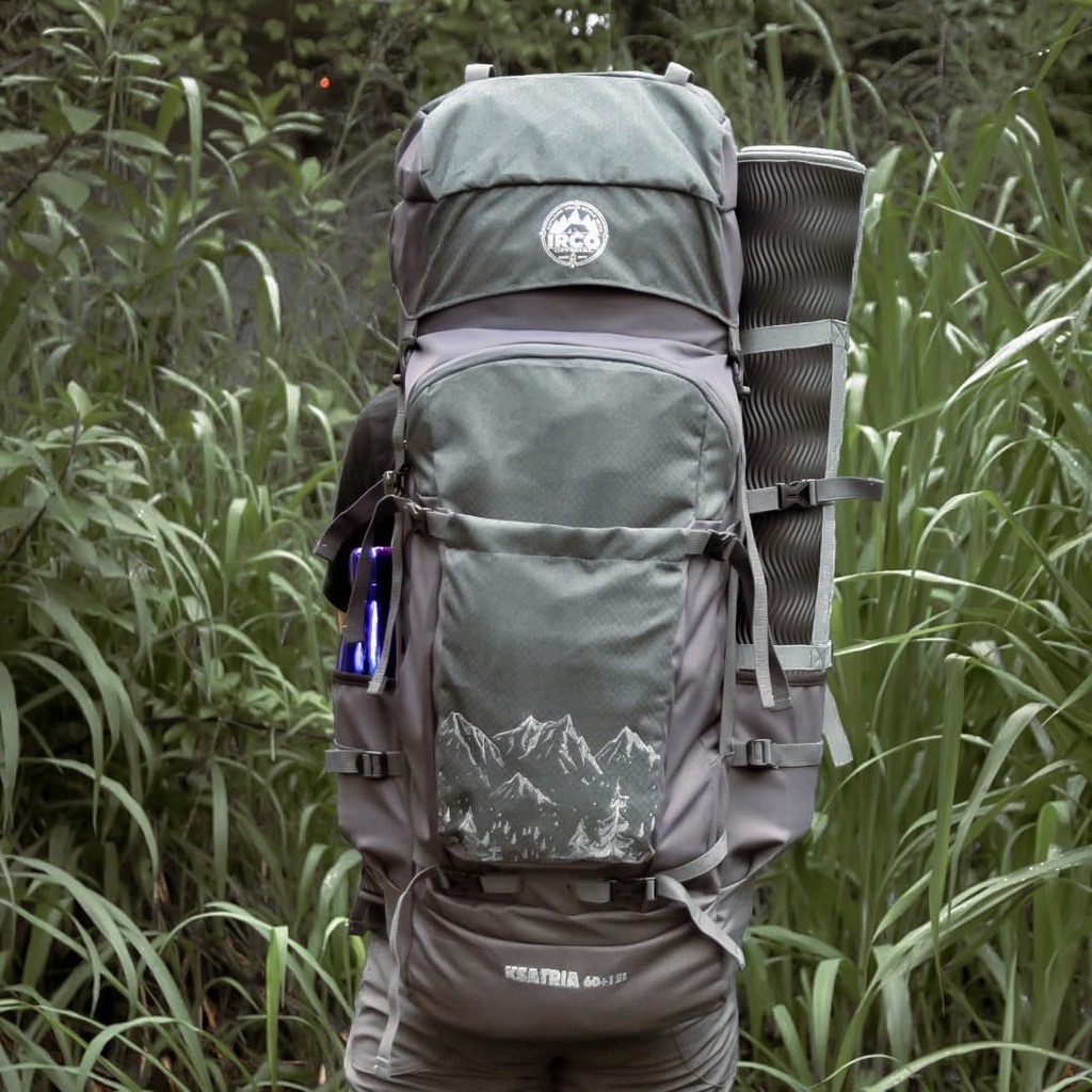 Tas Ransel Carrier Gunung Outdoor Hiking 60 Liter Pria dan Wanita Free Rain Cover - Irco Ksatria Abu-abu