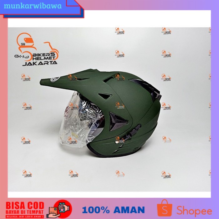 (BISA COD) OTOMOTIF AKSESORIS PENGENDARA MOTOR SUPERMOTO HELM SOLID HIJAU ARMY