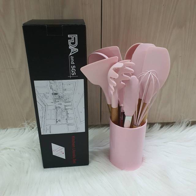 11 pc set spatula masak +gelas untensil kayu sutil sodet centong whisk tongs kuas pink