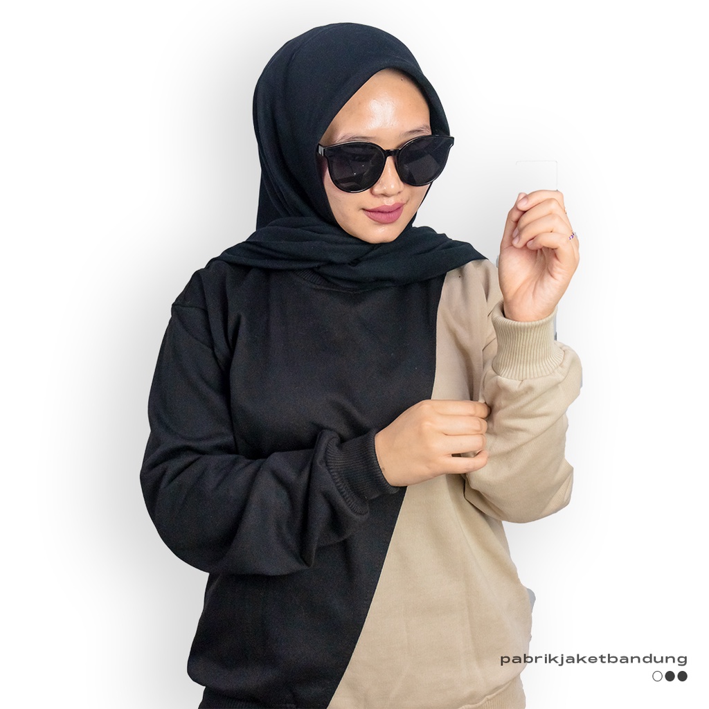 Slash Sweatshirt Kombinasi BLACK-CREEM || SWEATER  CRAWNECK BASIC WANITA FASHIONABLE