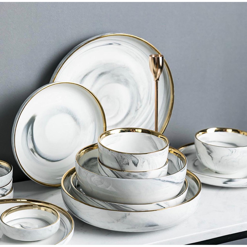 PC 565MS MARBLE Set 9 Pcs Dining Set / Mangkok Set / Mangkok Nasi / Piring / Sendok / Mangkok Sup