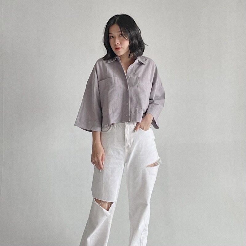 Kemeja Basic Crop Linen Pocket - Oversized Shirt Linen - Outer Crop Linen - Atasan Wanita Fashion Wanita Termurah &amp; Terlaris