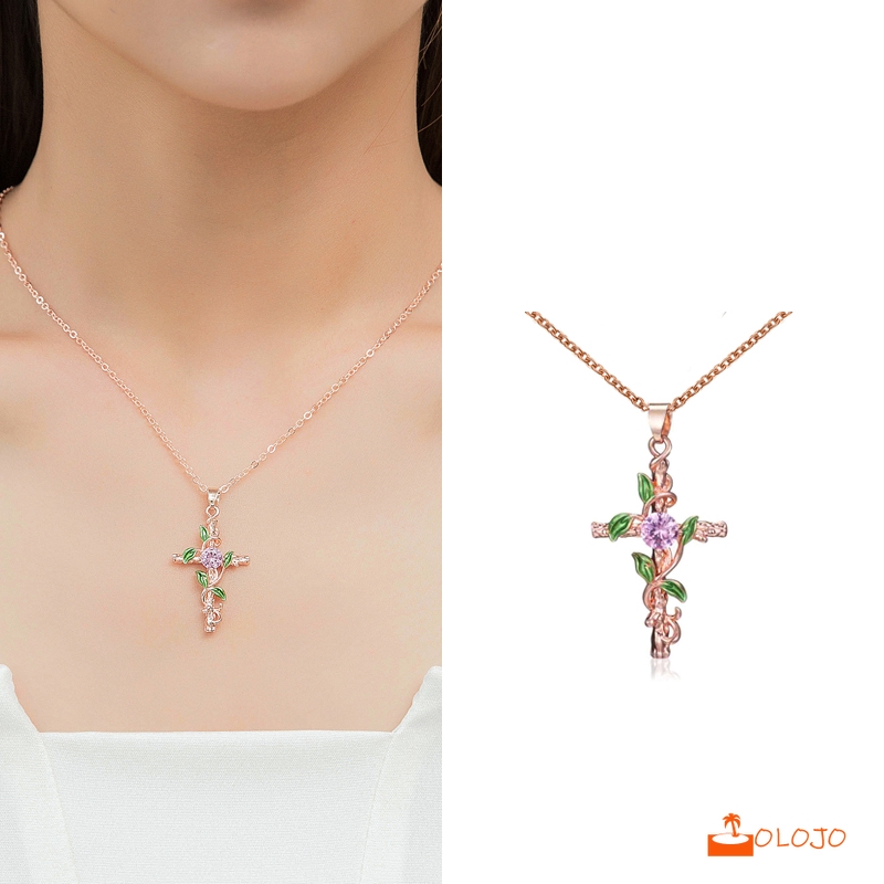 OLOJO Kalung Salib Daun Berlian Tembaga Liontin Wanita Necklace