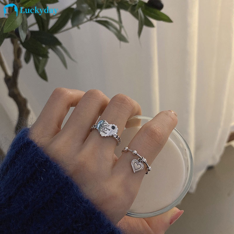 YEEZII Set Cincin Rantai Hati Model Terbuka Dapat Disesuaikan Warna Silver Gaya Retro Untuk Wanita