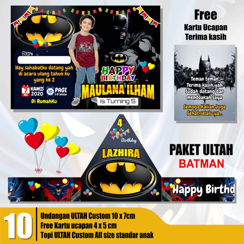 Paket ultah anak custom karakter Superman dan Batman / undangan dan topi ultah