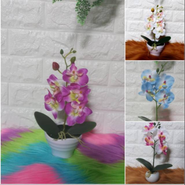Bunga anggrek plastik arfisial dengan pot unik (siap kirim)