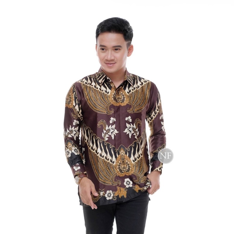 KEMEJA BATIK SEMI SUTRA SILKY PREMIUM BERFURING LENGAN PANJANG  CLASIK SUTRA XXL  FASHION BATIK PRIA