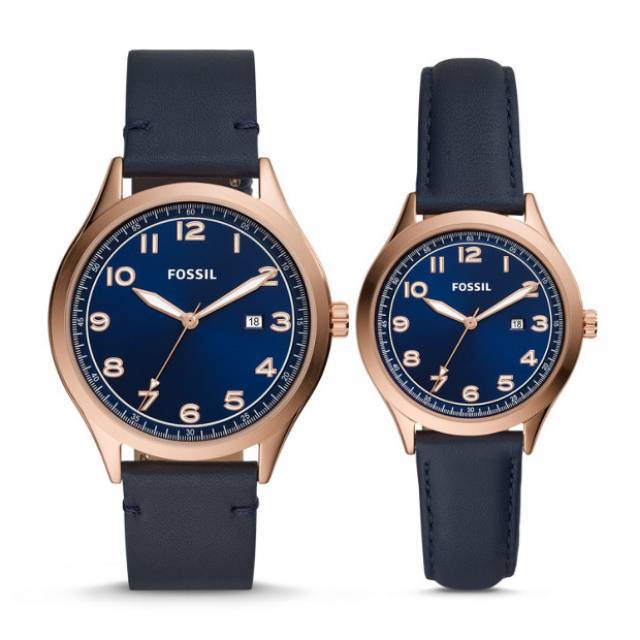 JamTanganFossil Watch Couple His&Her Wylie 3 Hand Navy Leather BQ2470