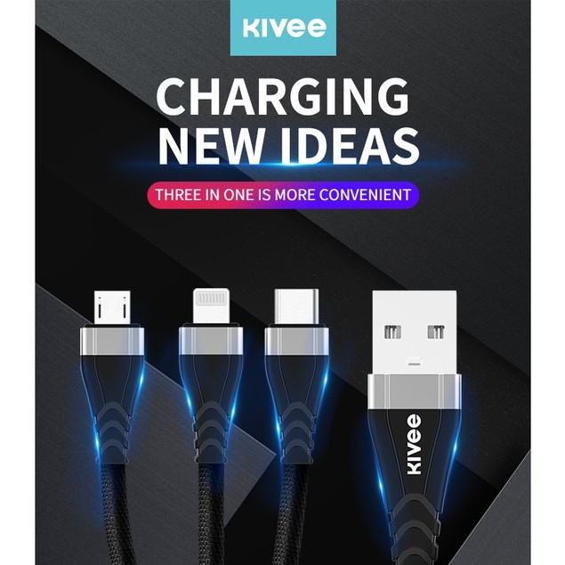 Kivee Kabel 3-IN-1 Android Micro USB Type-C IOS Apple Fast Charging Samsung Iphone 1.2 Meter