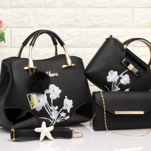 Eldora EL 9322 tas branded original set 3in1 tas beranak bordir bunga  pompom