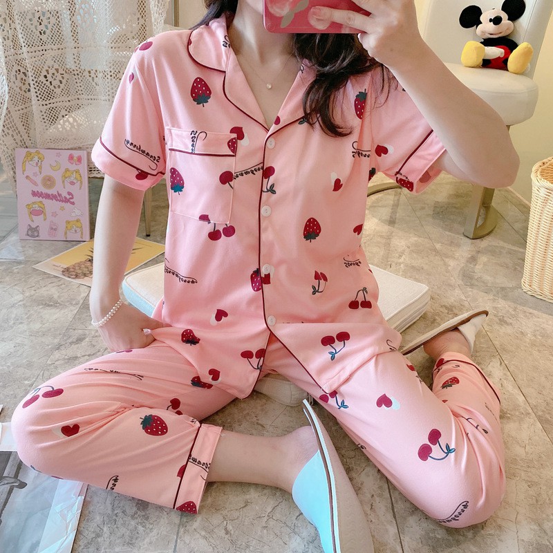 BAJU TIDUR PIYAMA SET KEMEJA CP LENGAN PENDEK CELANA PANJANG IMPORT PREMIUM BANYAK MOTIF PART 2-Cherry Strawberry