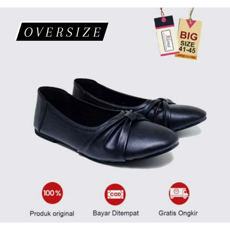 Sepatu Flatshoes Wanita Ukuran Besar 41-45 Flat Anak Remaja Size Jumbo Sepatu Sekolah Kulit Hitam Oversize Kaki Gede Gemuk Original