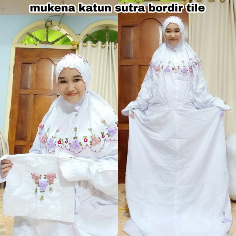Mukena Katun Sutra Diamond Tile Kalung/Mukena Terusan Katun Sutra Diamond Bordir Kalung Bunga Tile